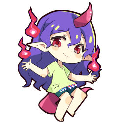  1girl barefoot chibi chibi_only chinese_commentary closed_mouth commentary_request double-parted_bangs full_body green_shirt green_shorts hair_between_eyes hitodama horns long_hair looking_at_viewer lowres pointy_ears purple_tail red_eyes renren_(ah_renren) shirt short_sleeves shorts simple_background single_horn smile solo t-shirt tail tenkajin_chiyari test_tube touhou very_long_hair violet_eyes white_background 