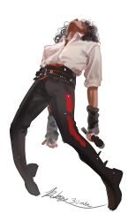  1boy absurdres belt black_hair collared_shirt commentary_request full_body highres holding holding_microphone male_focus michael_jackson microphone moon real_life rokeyyyy030 shirt shirt_tucked_in simple_background solo white_background 