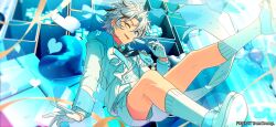  1boy absurdres artist_name balloon black_necktie black_streaks blue_eyes candy commentary curtained_hair dreonya dress_shoes earrings english_commentary ensemble_stars! floating food frilled_jacket frills full_body gloves head_tilt heart highres holding holding_candy holding_food holding_lollipop jacket jewelry kneehighs light_particles lollipop long_sleeves male_focus multicolored_hair necktie official_style one_eye_closed parted_bangs ribbon shirt shoes short_hair shorts side_part socks solo streaked_hair swirl_lollipop taki_ibuki v-shaped_eyebrows vest white_day white_gloves white_hair white_jacket white_shirt white_shoes white_shorts white_socks white_vest yellow_ribbon 