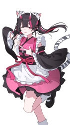  1boy absurdres animal_ear_fluff animal_ears apron arm_up belt black_hair blunt_bangs bracelet braid chinese_commentary cho_kaguya-hime! commentary_request crossdressing crossdressing_(mtf) demon_horns detached_sleeves dress finger_frame floating_hair foot_out_of_frame frilled_apron frilled_dress frilled_sleeves frills half-closed_eye hands_up highres hitomi_(tongshou) horns japanese_clothes jewelry kimono kimono_dress komazawa_noi komazawa_noi_(tsukuyomi) leg_up long_hair long_sleeves looking_at_viewer maid maid_apron mary_janes multicolored_hair obi one_eye_closed open_mouth pink_dress pink_eyes pink_kimono pink_ribbon pink_streaks ribbon sash shoes short_kimono sidelocks simple_background sleeveless sleeveless_dress smile socks solo standing standing_on_one_leg streaked_hair striped_tail tail tiger_ears tiger_tail trap twintails two-tone_hair unconventional_maid wa_maid waist_apron white_apron white_background white_socks wide_sleeves 