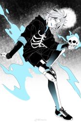  1boy absurdres alternate_costume black_jacket black_shirt black_shoes black_shorts black_socks black_streaks blue_eyes blue_fire bone_print crosshatching curtained_hair dreonya earrings elbow_on_knee ensemble_stars! figure_four_sitting fire full_body full_moon gradient_legwear grey_hair hatching_(texture) head_down highres holding holding_skull hood hooded_jacket invisible_chair jacket jewelry knee_up layered_sleeves licking_lips limited_palette long_sleeves looking_at_viewer male_focus moon multicolored_hair open_mouth parted_bangs shirt shoe_soles shoes short_hair shorts sitting skeleton_print skull skull_earrings sleeves_rolled_up sneakers socks solo streaked_hair taki_ibuki tongue tongue_out v-shaped_eyebrows zipper zipper_pull_tab 