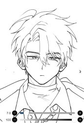  1boy 77100xxi black_hair close-up commentary_request greyscale highres korean_commentary lineart looking_at_viewer male_focus monochrome portrait robo_frostor shirt short_hair simple_background sketch skoshism turtleneck unfinished white_background white_shirt 