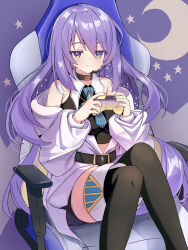  1girl belt black_belt black_choker black_jacket boots chair choker commentary_request controller earrings game_controller gaming_chair highres holding holding_controller holding_game_controller hololive hololive_indonesia jacket jewelry long_hair microphone moona_hoshinova moona_hoshinova_(1st_costume) purple_hair single_earring sitting smile swivel_chair thigh_boots uduki2025 violet_eyes virtual_youtuber 