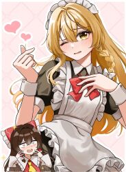  2girls apron blonde_hair bow braid brown_hair chibi hakurei_reimu heart heart-shaped_eyes heart_hands highres japanese_clothes kirisame_marisa long_hair maid_apron maid_headdress miko multiple_girls one_eye_closed red_bow short_sleeves simple_background single_braid temmie_(temi_maru) touhou yellow_eyes 