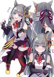  1girl absurdres animal_ears ascot asymmetrical_sleeves black_thighhighs blue_eyes blunt_bangs blush breasts chrono_genesis_(prismatic_curator)_(umamusume) chrono_genesis_(umamusume) closed_mouth detached_sleeves fingerless_gloves gloves grey_hair hair_between_eyes hair_ornament highres horse_ears horse_girl horse_tail long_hair looking_at_viewer mismatched_sleeves open_mouth red_ascot small_breasts smile sweatdrop tail thigh-highs umamusume wakaraaan 