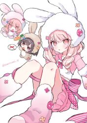  1girl 1other :3 :d akiyama_mizuki animal_costume animal_hat brown_eyes brown_hair carrot chibi commentary foot_out_of_frame hat highres knees_up long_hair looking_at_viewer miniskirt multiple_views n1ghtcord_25 open_mouth parted_lips pink_eyes pink_hair pink_skirt pink_socks project_sekai rabbit_costume rabbit_hat shinonome_ena shirt shoes simple_background sitting skirt smile socks untranslatable_commentary white_background white_hat white_shirt white_shoes x_(symbol) 