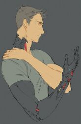  1boy adam's_apple alternate_universe arms_up brown_hair closed_mouth commentary english_commentary from_side frown grey_background grey_shirt hand_on_own_shoulder highres lanimalu male_focus piers_nivans profile prosthesis prosthetic_arm resident_evil resident_evil_6 shirt short_hair short_sideburns short_sleeves sideburns simple_background solo very_short_hair 