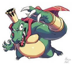  1boy alejo5599 artist_name bloodshot_eyes cape colored_skin commentary crown donkey_kong_(series) english_commentary full_body green_skin highres king_k._rool male_focus red_cape simple_background solo tongue white_background 