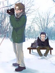  2boys bare_tree black-framed_eyewear black_jacket black_shoes brown_hair camera closed_mouth commentary_request drinking full_body fur-trimmed_jacket fur_trim glasses green_jacket grey_pants hiraga_keisuke holding holding_camera isa_(peien516) jacket male_focus multiple_boys odagiri_hidetoshi on_bench outdoors pants persona persona_3 rectangular_eyewear scarf semi-rimless_eyewear shoes sitting sky snow standing tree under-rim_eyewear white_shoes winter 