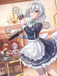  3girls apron ascot bat_wings beret between_fingers blue_hair bow braid chandelier closed_mouth collared_shirt commentary_request cup frilled_shirt_collar frills gloom_(expression) green_bow green_hat green_vest grey_hair hair_bow hat hat_ornament hat_ribbon highres holding holding_cup holding_knife hong_meiling ilstraight_mima indoors izayoi_sakuya knife knives_between_fingers long_hair looking_at_viewer maid maid_headdress mob_cap multiple_girls one_eye_closed open_mouth pink_hat pink_shirt pink_skirt puffy_short_sleeves puffy_sleeves red_ascot red_eyes red_hair red_shoes remilia_scarlet ribbon shirt shoes short_sleeves sitting skirt skirt_set smile socks solo_focus star_(symbol) star_hat_ornament sweat teacup touhou tray twin_braids vest waist_apron white_socks wings 