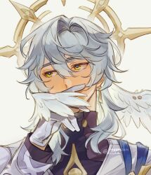  1boy artist_name blue_pupils blush commentary covering_own_mouth earrings english_commentary feathered_wings gloves gold_earrings grey_hair hair_between_eyes halo halo_behind_head hand_on_own_face hand_up head_wings highres honkai:_star_rail honkai_(series) jacket jewelry long_sleeves looking_afar male_focus myameam official_alternate_costume open_clothes open_jacket piercing purple_jacket purple_shirt shirt short_hair sidelocks simple_background solo sunday_(honkai:_star_rail) sunday_(sacerdos'_relived_ordeal)_(honkai:_star_rail) turtleneck turtleneck_shirt vest wavy_hair white_background white_gloves white_vest wing_piercing wings yellow_eyes 