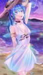  1girl absurdres alternate_costume armlet bare_shoulders beach black_choker blue_eyes blue_hair choker clouds commentary dress earrings hair_ribbon hat highres hololive hoshimachi_suisei jewelry knownameart long_hair medium_hair mountain ocean open_mouth outdoors ribbon sand sky smile solo star_(sky) star_(symbol) star_earrings star_in_eye starry_sky straw_hat sundress symbol_in_eye twitter_username virtual_youtuber water white_dress 