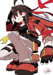  1girl absurdres ahoge alternate_costume belt belt_buckle black_belt black_gloves black_shirt breasts brown_hair buckle collarbone commentary_request commission cosplay cropped_jacket fingerless_gloves foreshortening generalcanon gloves grin guilty_gear hair_between_eyes hairband highres holding holding_sword holding_weapon jacket light_blush long_sidelocks long_sleeves medium_breasts open_belt open_mouth original over_shoulder pants pixiv_commission red_eyes red_hairband red_jacket red_shoes shirt shoes sidelocks sideways_glance signature simple_background smile sol_badguy sol_badguy_(cosplay) solo squatting sword takebana_nanoha teeth v-shaped_eyebrows weapon weapon_over_shoulder white_background white_pants 