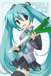  1girl 2000s_(style) :d aqua_background aqua_eyes aqua_hair aqua_nails aqua_necktie aqua_theme aqua_trim bare_shoulders black_skirt black_sleeves black_thighhighs border breasts character_name commentary copyright_name cowboy_shot cranecry detached_sleeves double-parted_bangs fingernails food grey_shirt hair_between_eyes hatsune_miku headphones headset holding holding_food holding_spring_onion holding_vegetable long_hair long_sleeves looking_at_viewer medium_breasts miniskirt musical_note nail_polish necktie number_tattoo open_mouth outside_border pleated_skirt shirt shoulder_tattoo skirt sleeveless sleeveless_shirt smile solo spring_onion tattoo thigh-highs tie_clip twintails vegetable very_long_hair vocaloid white_border wide_sleeves zettai_ryouiki 