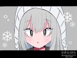  1girl artist_name beanie black_eyes commentary dot_nose grey_background grey_hair hair_between_eyes hat kimi_no_koto_ga_dai_dai_dai_dai_daisuki_na_100-nin_no_kanojo letterboxed light_blush long_hair looking_at_viewer mishiro_kogoe parody parted_lips portrait sanpaku simple_background snowflakes solo straight-on style_parody tadanoakaunto12 twitter_username white_hat 