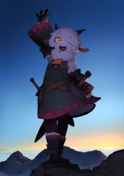  1girl animal_ear_piercing animal_ears arm_up bell boots cowbell dawn dress furry furry_female gloves goat_ears goat_girl goat_horns gradient_sky hair_over_one_eye highres horizontal_pupils horns kamukamu6392 leggings mountain orange_eyes original sheath sheathed sky solo sword teeth upper_teeth_only waving weapon white_hair 