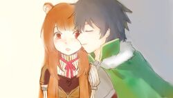  1boy 1girl armor black_hair blunt_bangs blush breastplate brown_armor brown_hair brown_jacket chest_guard chinese_commentary closed_eyes closed_mouth collared_dress commentary_request couple dress facing_another fur-trimmed_jacket fur_trim grey_armor grey_background hetero high_collar highres iwatani_naofumi jacket kiss kissing_cheek long_hair long_sleeves messy_hair metal_arm_cuffs name_tag open_mouth pauldrons pinstripe_dress pinstripe_pattern raphtalia red_eyes red_ribbon ribbon short_hair shoulder_armor simple_background single_pauldron straight-on straight_hair tate_no_yuusha_no_nariagari upper_body white_background yanyidashihuimei 