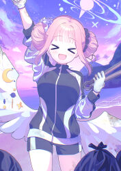  >_< 1girl absurdres arm_above_head beach black_jacket black_scrunchie black_shorts black_track_suit blue_archive blue_halo blunt_bangs commentary_request crescent_wing_ornament cropped_legs dirty double_bun facing_viewer flower gloves gradient_halo hair_bun hair_flower hair_ornament hair_scrunchie halo highres holding holding_tongs jacket long_sleeves mika_(blue_archive) mika_(track)_(blue_archive) multicolored_halo ocean open_mouth outdoors pink_hair pink_halo purple_flower sand scrunchie short_shorts shorts sky smile solo star_(sky) starry_sky teriyaki_yakitori tongs track_jacket track_suit trash_bag white_gloves white_wings wing_ornament wings 