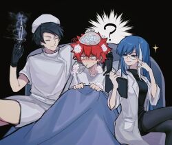 1girl 2boys ? asano_taiyo black_background black_gloves black_hair blue_hair closed_eyes coat commentary crossdressing crossdressing_(mtf) dress gloves hat highres holding holding_syringe ice_pack lab_coat long_hair multicolored_hair multiple_boys nurse nurse_cap red_hair senmekawa shirt short_hair streaked_hair syringe thermometer thermometer_in_mouth turtleneck under_covers untranslatable_commentary yozakura-san_chi_no_daisakusen yozakura_kyouichirou yozakura_mutsumi 