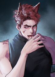  animal_ears armband black_armband black_singlet blood blood_on_face blood_on_hand crew_cut highres injury love_and_deepspace nose singlet turtleneck valko_(love_and_deepspace) werewolf wolf_boy wolf_ears 