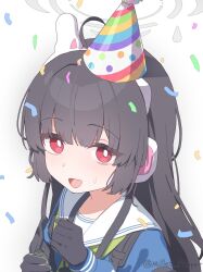  1girl ahoge animal_ears artist_name birthday black_gloves blue_archive blue_shirt bright_pupils brown_hair commentary_request confetti fake_animal_ears gloves grey_halo halo hands_up hat highres long_hair looking_at_viewer millet_pepper miyu_(blue_archive) open_mouth party_hat red_eyes sailor_collar school_uniform serafuku shirt simple_background small_sweatdrop smile solo twitter_username upper_body white_background white_pupils white_sailor_collar 