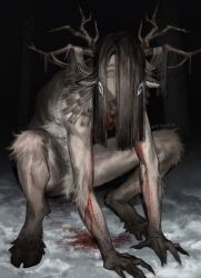  1girl all_fours animal_ears animal_feet antlers bleeding blood blood_on_arm blood_on_chest blood_on_ground body_fur brown_fur brown_hair claws commentary dark dark-skinned_female dark_skin deer_ears deer_girl english_commentary forest full_body grey_eyes hair_over_one_eye highres hooves horizontal_pupils horns keibleh long_hair looking_at_viewer monster_girl nature night original outdoors red_pupils snow solo squatting 