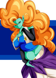  absurdres blue_background blue_eyes blue_tube_top breasts clothes_around_waist colored_skin commentary cowboy_shot dragon_ball dragon_ball_z earrings english_commentary green_skin groin hair_between_eyes hair_over_one_eye hand_on_own_chest highres jewelry large_breasts light_smile long_hair looking_at_viewer navel necklace orange_hair pointy_ears sonson-sensei strapless tube_top upper_body very_long_hair vest white_background white_vest zangya 