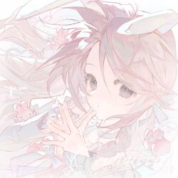  1girl animal_ears bow bowtie braid brown_hair choker commentary_request commission grey_choker grey_eyes heart highres korean_commentary long_sleeves mole mole_under_eye original rabbit rabbit_ears seo_(_tpdh) shirt side_braid single_braid solo steepled_fingers tareme watermark white_bow white_bowtie white_shirt 