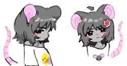  1girl 2000s_(style) ahoge anger_vein animal_ears bare_shoulders buck_teeth commentary cropped_torso detached_ahoge english_commentary furry furry_female grey_hair kudryavkanoumis2008 looking_at_viewer microsoft_paint_(medium) mouse_ears mouse_girl mouse_print mouse_tail multiple_views oekaki off-shoulder_shirt off_shoulder original red_eyes shirt short_hair simple_background tail teeth white_background white_shirt 