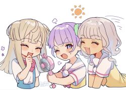  3girls :3 ^_^ blonde_hair blush_stickers bow bowtie brown_hair closed_eyes commentary dark-skinned_female dark_skin dated eyelashes fang hand_fan highres holding holding_fan kashi_ore_3 laughing long_hair manaka_non manaka_non_(normal) mole mole_on_cheek multiple_girls neckerchief one_eye_closed open_mouth paprika_private_academy_school_uniform pink_bow pink_bowtie pink_neckerchief pretty_series pripara purple_hair sailor_collar sailor_shirt school_uniform shirt signature simple_background smile summer_uniform sun_symbol sweat taiyo_pepper tsukikawa_chili tsukikawa_chili_(normal) untranslatable_commentary vest violet_eyes white_background white_shirt yellow_vest 