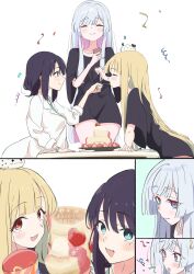  3girls black_shirt blonde_hair blue_eyes blush brown_eyes cho_kaguya-hime! closed_mouth colored_inner_hair commentary confetti domotteru feeding food fruit fushi_(cho_kaguya-hime!) highres kaguya_(cho_kaguya-hime!) lab_coat long_hair mole mole_under_eye multicolored_hair multiple_girls open_mouth pancake pancake_stack party_popper pink_hair runami_yachiyo sakayori_iroha shirt sidelocks souffle_pancake strawberry surprised translated violet_eyes white_hair 