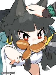  1girl animal_ear_fluff animal_ears aqua_jacket black_gloves black_hair black_necktie blunt_bangs breasts comically_large_ears commentary eating food fox_ears fox_girl gauntlets gloves headpat hoshimi_miyabi jacket long_hair looking_at_object necktie open_clothes open_jacket pancake pancake_stack red_eyes shirt sidelocks sima_(startwitch) single_gauntlet single_glove solo syrup thick_eyebrows thighs white_shirt zenless_zone_zero 