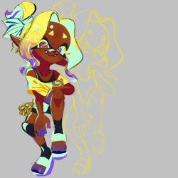  1girl blonde_hair colored_eyelashes colored_fingertips dark-skinned_female dark_skin earrings fish_hook_earrings frye_(splatoon) grey_eyes highres inkling invadrcat jewelry long_pointy_ears looking_at_viewer multiple_earrings pointy_ears ponytail shawl simple_background sketch solo sparkling_eyes splatoon_(series) splatoon_3 tentacle_hair violet_eyes yellow_shawl 