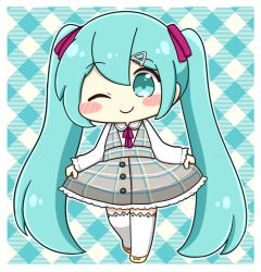  1girl ;) blue_background blue_eyes blue_hair blush_stickers border chibi chibi_only closed_mouth collared_shirt commentary_request double-parted_bangs dress frilled_dress frills full_body grey_dress hair_between_eyes hair_ornament hair_ribbon hairclip hatsune_miku holding_own_dress long_hair long_sleeves neck_ribbon nukotun one_eye_closed outline pinafore_dress plaid_clothes plaid_dress purple_ribbon ribbon shirt shoes sleeveless sleeveless_dress smile solo standing thigh-highs twintails very_long_hair vocaloid white_border white_outline white_shirt white_thighhighs yellow_shoes zettai_ryouiki 