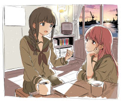  2girls black_eyes black_hair black_neckerchief blunt_bangs braid braid_over_shoulder brown_eyes brown_hair commentary_request crane_(machine) cup green_sailor_collar green_serafuku green_shirt green_skirt hair_over_shoulder kantai_collection kitakami_(kancolle) kitakami_kai_(kancolle) long_hair long_sleeves mochisaka_mitsuki mug multiple_girls neckerchief ocean ooi_(kancolle) ooi_kai_(kancolle) sailor_collar school_uniform serafuku shirt single_braid skirt sunset table television 