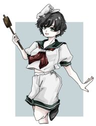  1girl ascot black_hair commentary_request cropped_legs green_eyes green_sailor_collar highres liver017 murasa_minamitsu red_ascot sailor_collar shirt short_hair short_sleeves shorts solo standing standing_on_one_leg touhou white_shirt white_shorts 