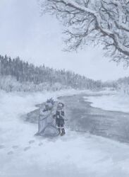  1boy 1girl anastasya_feodorovna_snezhnaya bare_tree blonde_hair blue_gloves blue_jacket blue_pants boots braid braided_bun branch brown_boots brown_hat buttons cape child day english_commentary footprints forest from_behind full_body fur-trimmed_boots fur-trimmed_cape fur-trimmed_headwear fur_trim genshin_impact gloves grey_eyes grey_hair hair_between_eyes hair_bun hands_up hat highres holding_hands hood hooded_cape jacket kokoshnik long_sleeves looking_at_another mother_and_child mother_and_son nature open_mouth outdoors pants parent_and_child pine_tree pointy_ears river short_hair short_hair_with_long_locks sidelocks sitting sky smile snow snowing standing tree ushanka wavy_hair white_cape white_sky winter yoruli_e 