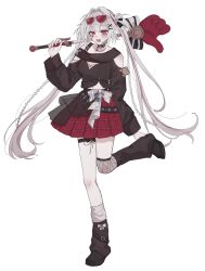  1girl :d bare_shoulders black_leg_warmers black_shirt black_shoes blush braid breasts butterfly-shaped_pupils commentary eyewear_on_head hair_ornament highres holding honkai:_star_rail honkai_(series) leg_warmers long_hair long_sleeves looking_to_the_side mayoi0501m medium_breasts miniskirt multicolored_hair navel official_alternate_costume official_alternate_hairstyle red_eyes red_skirt red_streaks shirt shoes skirt smile solo sparkle_(honkai:_star_rail) sparxie_(candy-coated_waves)_(honkai:_star_rail) sparxie_(honkai:_star_rail) standing standing_on_one_leg streaked_hair sunglasses symbol-shaped_pupils thigh_strap twintails two_side_up untranslatable_commentary very_long_hair white_hair x_hair_ornament 