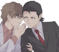  2boys black-framed_eyewear black_eyes black_hair black_jacket brown_hair closed_eyes closed_mouth commentary_request dress_shirt finger_to_mouth glasses hand_on_another's_arm hiraga_keisuke isa_(peien516) jacket male_focus multiple_boys necktie odagiri_hidetoshi parted_lips persona persona_3 pink_shirt rectangular_eyewear red_necktie shirt short_hair shushing simple_background teeth upper_body white_background white_jacket white_shirt 