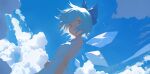 1girl absurdres bare_arms blue_bow blue_hair blue_sky bow cirno closed_mouth clouds commentary_request dress hand_on_own_hip highres ice ice_wings looking_at_viewer medium_hair outdoors sky sleeveless sleeveless_dress solo touhou upper_body uroam white_dress wings