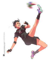  1girl 2026_fifa_world_cup apex_legends artist_name ball black_gloves black_hair black_lips black_nails black_shirt bracelet braid breasts character_name cleats clenched_hand copyright_name country_connection earrings fingerless_gloves gloves highres jewelry joong_beak kicking looking_up mad_maggie_(apex_legends) medium_breasts midair new_zealand open_hand orange_eyes pink_shoes shirt shoes soccer_ball soccer_uniform solo sportswear v-shaped_eyebrows white_background world_cup 