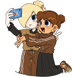  2girls :d alternate_costume alternate_hairstyle arm_around_shoulder black_shirt black_skirt blonde_hair blue_eyes brown_hair brown_pants brown_shoes cellphone closed_mouth commentary earrings fang flower_earrings gyaru_v hair_bun hair_over_one_eye highres holding holding_phone jewelry leg_up long_skirt mimimi_(mimimim9999) multiple_girls open_mouth orange_nails orange_shirt pants phone princess_daisy rosalina selfie shirt shoes short_hair skirt smartphone smile star_(symbol) star_earrings super_mario_bros. sweater sweatpants teeth untranslatable_commentary v white_background 