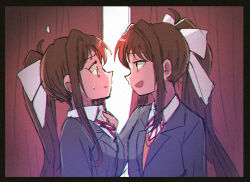  2girls bow brown_hair clothes_grab collared_shirt doki_doki_literature_club doki_doki_literature_club_school_uniform dual_persona eye_contact grabbing_another's_shirt green_eyes grey_jacket hair_bow hair_intakes jacket long_hair looking_at_another monika_(doki_doki_literature_club) multiple_girls neck_ribbon open_mouth orange_sweater_vest ponytail red_ribbon ribbon school_uniform shirt sidelocks sweatdrop sweater_vest tsubobot white_bow 