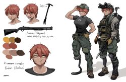  1girl ammunition_pouch amputee baseball_cap bayonet black_shirt breasts bulletproof_vest color_guide combat_helmet combat_knife english_text epakim full_body gloves green_hat green_pants gun hand_in_pocket handgun hat helmet highres holding holding_gun holding_weapon jacket knee_pads knife looking_at_viewer military multiple_views muscular muscular_female original pants pouch prosthesis prosthetic_leg red_hair reference_sheet rifle scar scar_on_arm scar_on_face scar_on_mouth shirt shoes short_hair short_sleeves shotgun simple_background smile suppressor tactical_clothes teeth tomboy vanessa_(epakim) watch watch weapon white_background yellow_eyes 