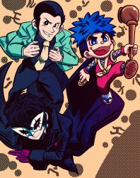  3boys amamiya_ren arsene_lupin_iii atlus batchgooya black_coat black_hair blue_hair coat coin commentary_request crossover fishnets ganbare_goemon geta gloves goemon gold_coin green_jacket highres holding holding_smoking_pipe jacket japanese_clothes konami lupin_iii makeup mask multiple_boys necktie ninja open_mouth persona persona_5 phantom_thief rogue smile smoking_pipe spiky_hair teeth thick_eyebrows thief 