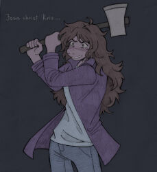  1girl ahoge axe blush deltarune denim english_text freckles highres holding holding_axe jeans long_hair pants shirt solo susie_(deltarune) szivarvanyturmix02 utdr_(toby_fox) 