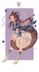 1girl animal_ears ankle_boots back_bow bare_legs black_socks boots border bow brown_hair brown_tail chinese_clothes chinese_commentary closed_mouth commentary commentary_request curtained_hair ear_tufts filled_yogurt flower hair_bow hair_bun hair_flower hair_ornament hair_stick hanfu highres jewelry lace-trimmed_socks long_hair long_sleeves looking_at_viewer nail_polish necklace original outside_border planet purple_background purple_bow purple_hanfu purple_nails saturn_(planet) simple_background single_hair_bun sitting_on_own_tail smile socks solo squirrel_ears squirrel_girl squirrel_tail star_(symbol) stick tail two-tone_background two-tone_tail very_long_hair violet_eyes white_tail 