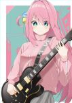  1girl absurdres blue_eyes bocchi_the_rock! closed_mouth commentary_request cube_hair_ornament gotou_hitori grey_skirt guitar hair_between_eyes hair_ornament hair_over_eyes highres holding holding_instrument instrument jacket long_hair long_sleeves music one_side_up pink_hair pink_jacket pink_track_suit playing_instrument pleated_skirt skirt solo tntl_nemui track_jacket upper_body 