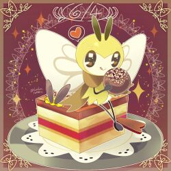  border brown_border brown_eyes cake commentary_request food full_body heart highres holding holding_food licking_lips no_humans plate pokemon pokemon_(creature) ribombee runachikku sitting_on_food solo sparkle spoken_heart tongue tongue_out 