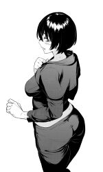  1girl absurdres ass commentary_request cowboy_shot from_above from_side greyscale highres izumida_fuyuki jacket looking_back monochrome official_art pants short_hair solo sweatdrop yotaka_aoi yotaka_futatabi 